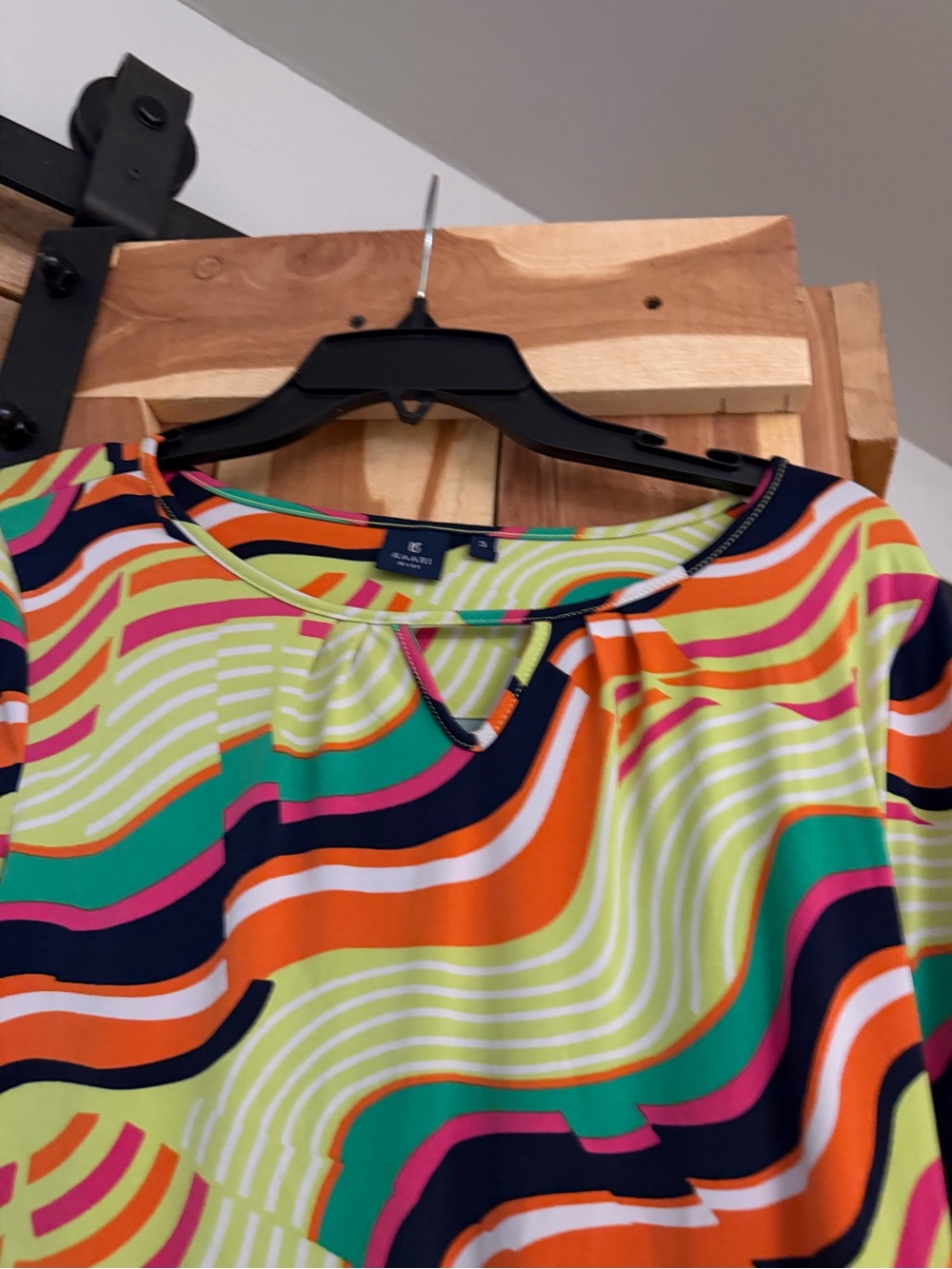 Kaari Blue Retro Wave-Print Midi Dress in Navy, Orange & Green